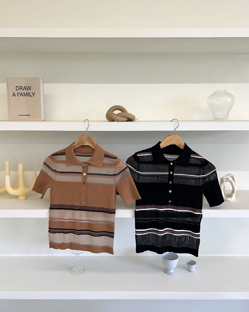 [마레디마리]See-through Stripe Polo Shirt Knit Top Black